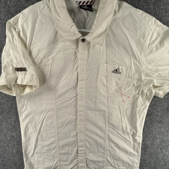Adidas Short Sleeve Snap Up Shirt Men Medium Ivory Pocket Embroidered Woven - Picture 1 of 14